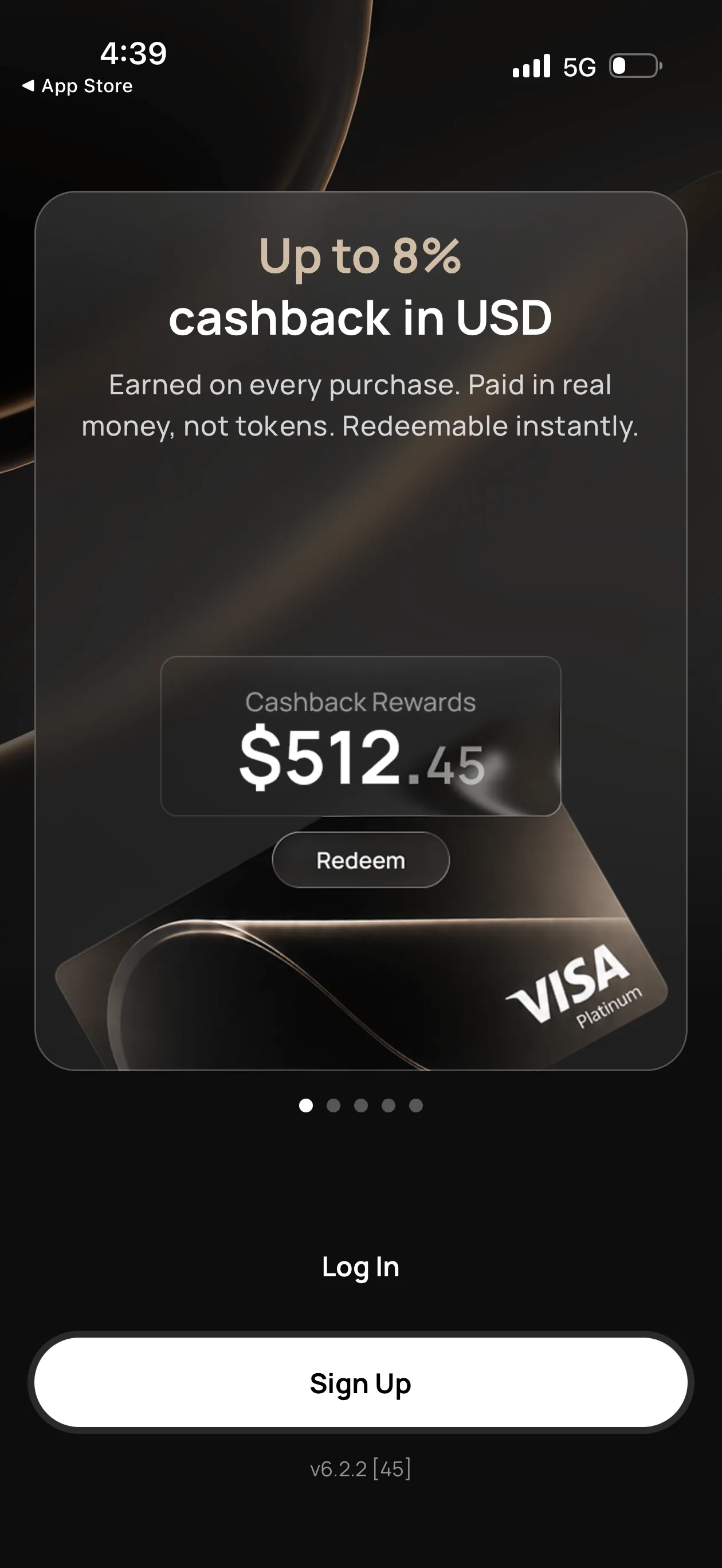 Wirex One onboarding screen: up to 8 percent cashback in USD, earned on every purchase, paid in real money not tokens