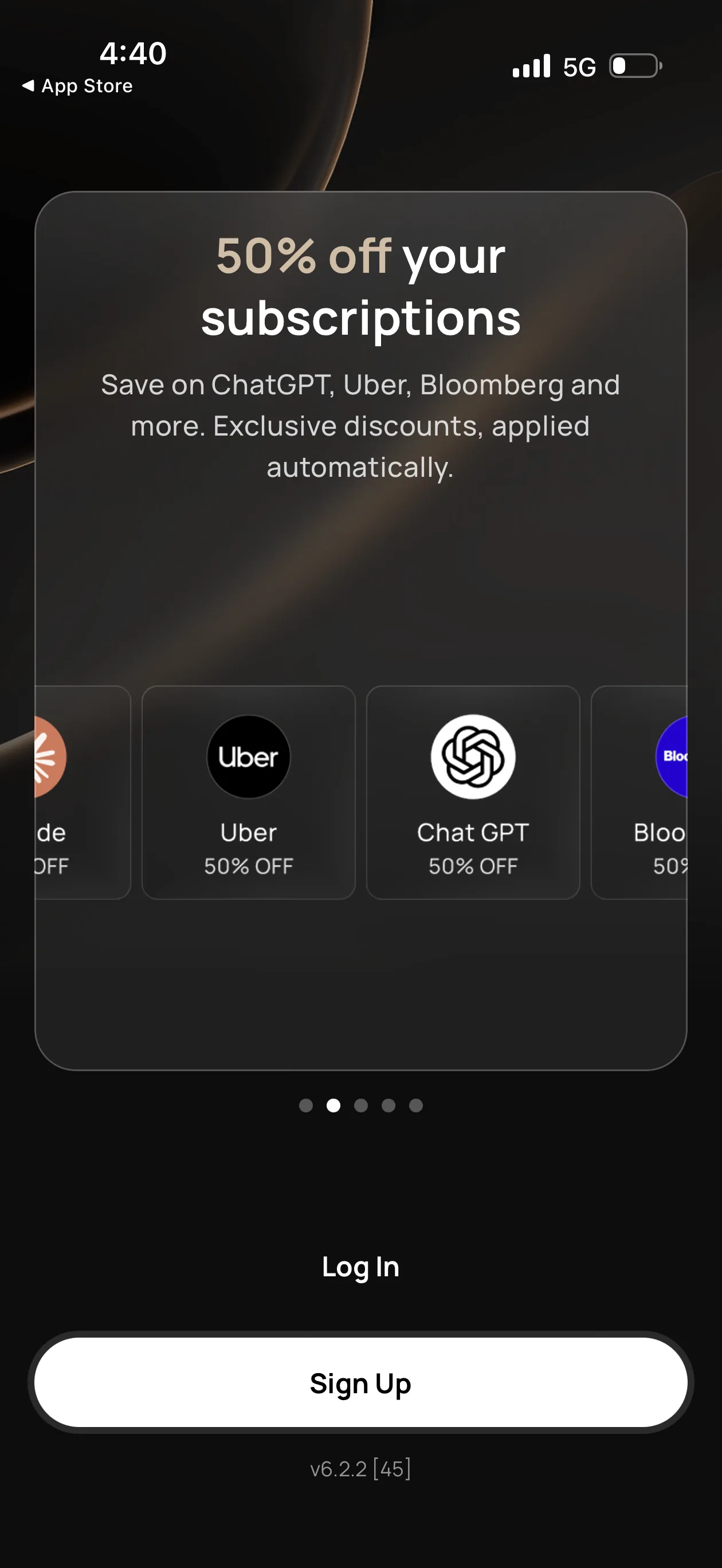 Wirex One onboarding screen: 50 percent off subscriptions including ChatGPT, Uber and Bloomberg, applied automatically