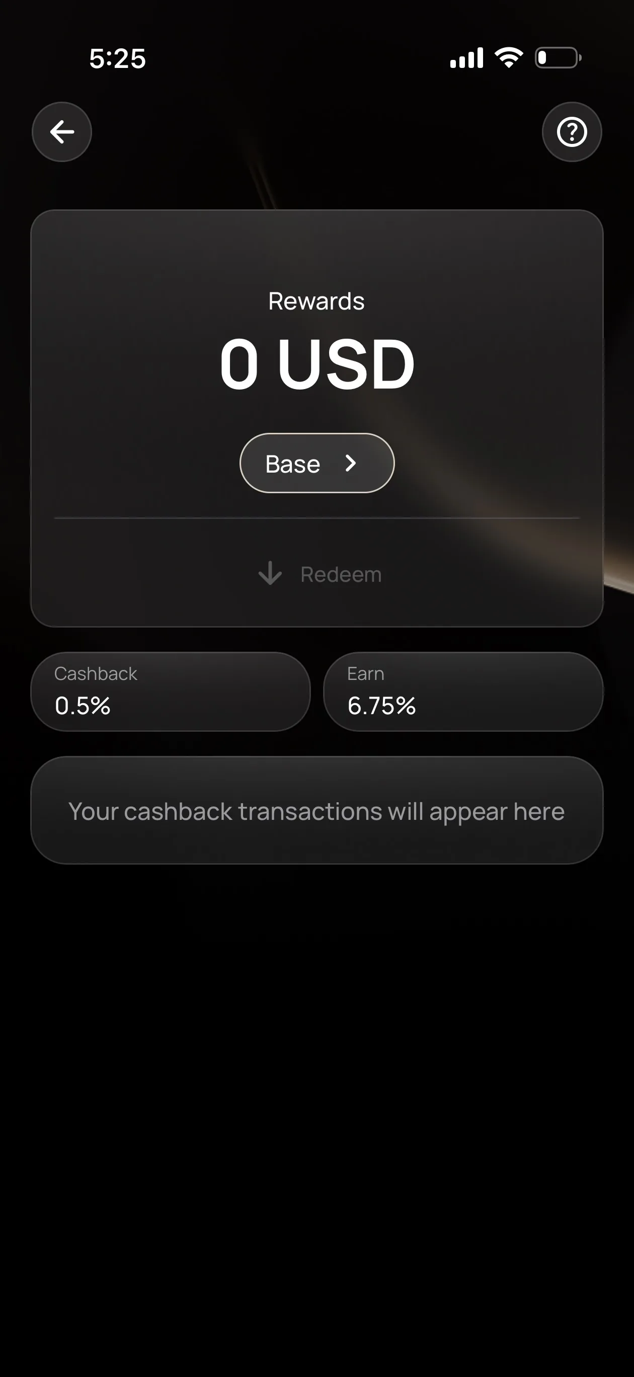 Wirex One Base tier rewards screen showing 0.5% cashback rate and a 6.75% Earn rate, with a rewards balance of 0 USD