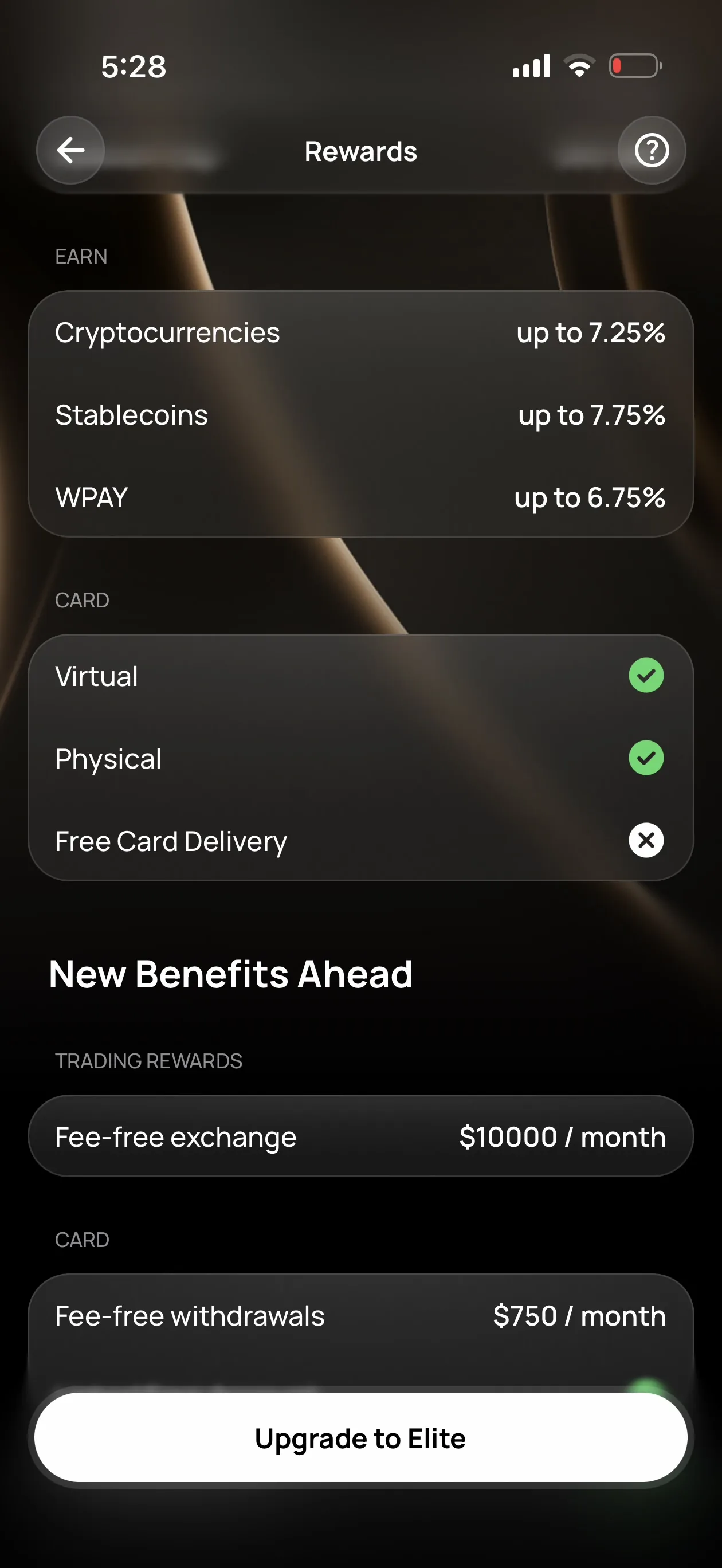 Wirex One Elite tier screen: Earn rates up to 7.25% crypto and 7.75% stablecoins, virtual and physical card, fee-free trading 10000 per month and fee-free withdrawals 750 per month