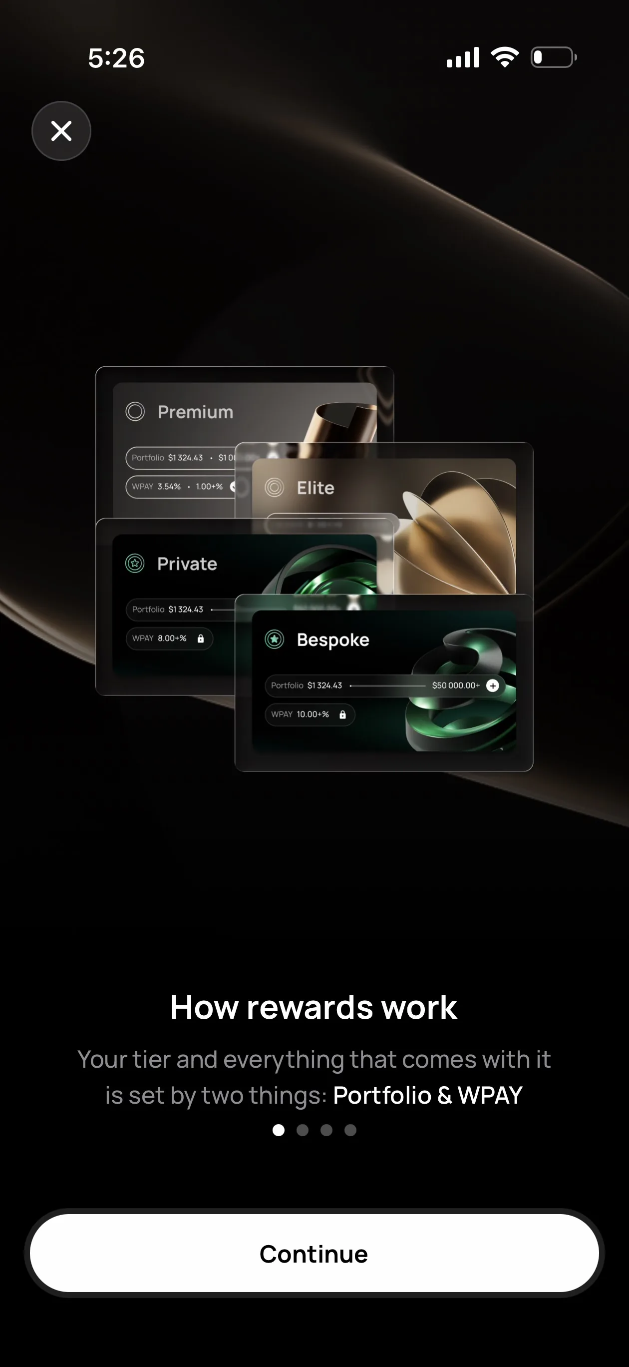 Wirex One onboarding screen showing Premium, Elite, Private and Bespoke membership tiers set by portfolio value and WPAY percentage