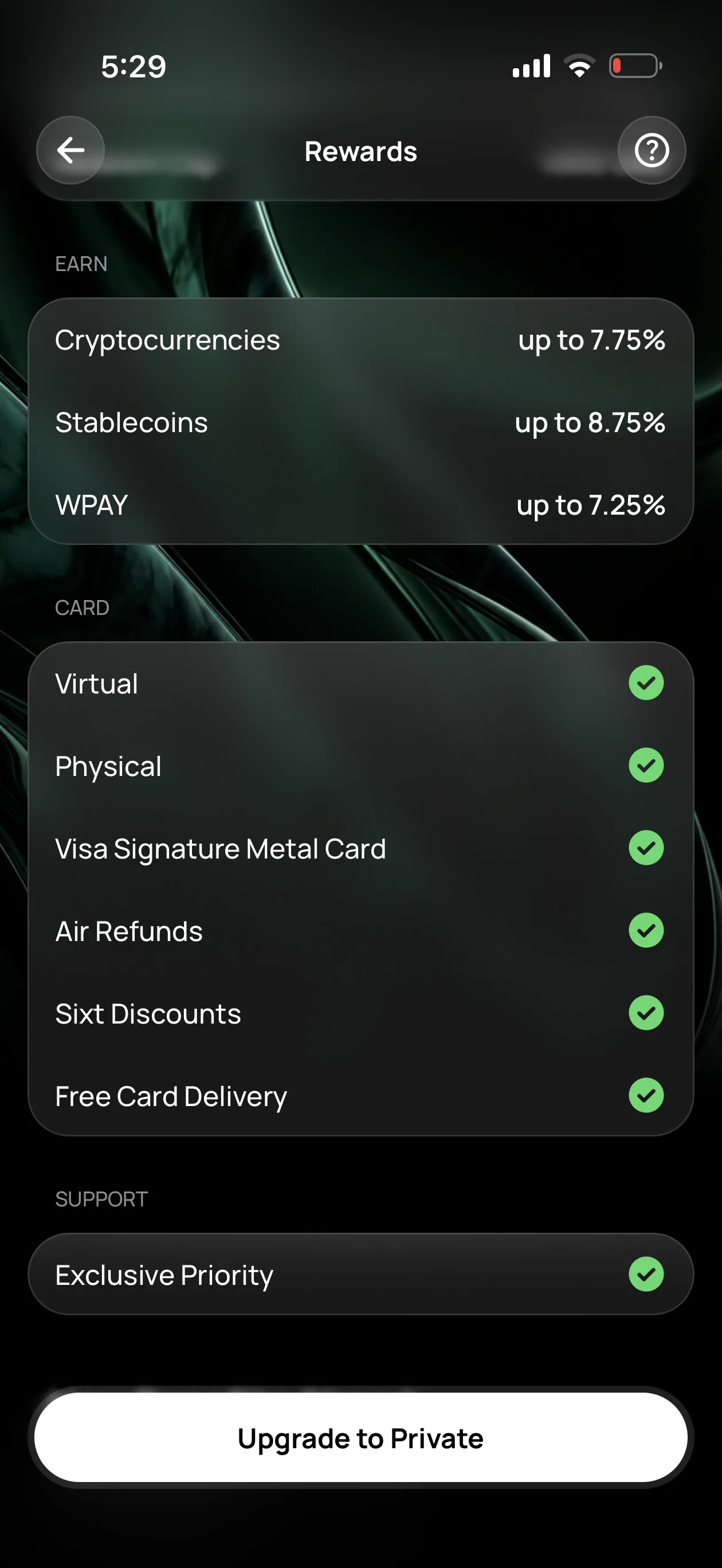 Wirex One Private perks screen: Visa Signature metal card, Air Refunds, Sixt discounts, free card delivery, exclusive priority support, Earn up to 8.75 percent on stablecoins