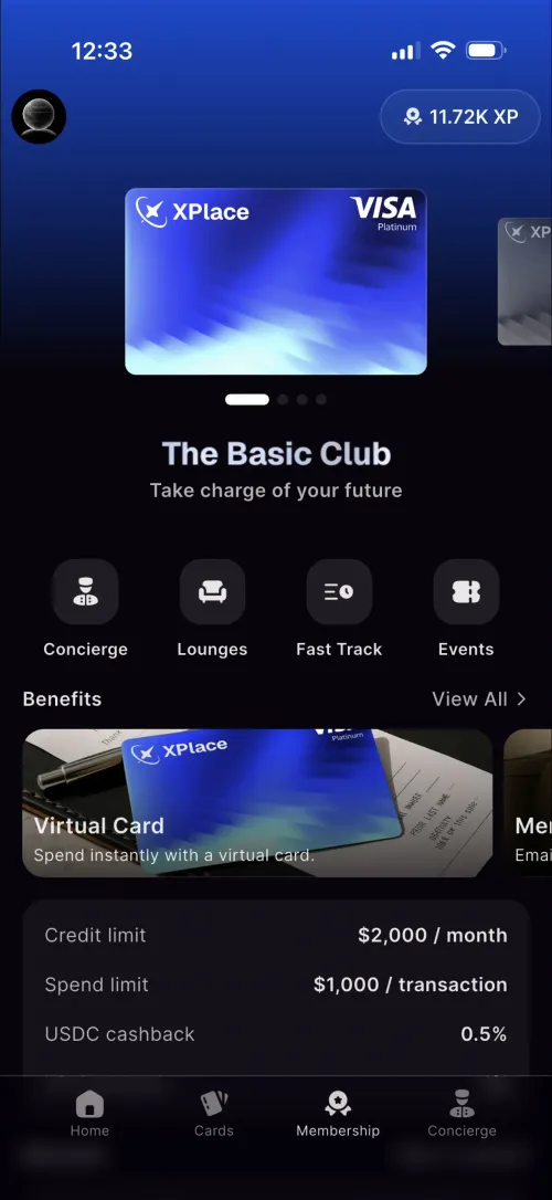 XPlace Basic Club showing Visa Platinum card with Concierge, Lounges, Fast Track, and Events perks