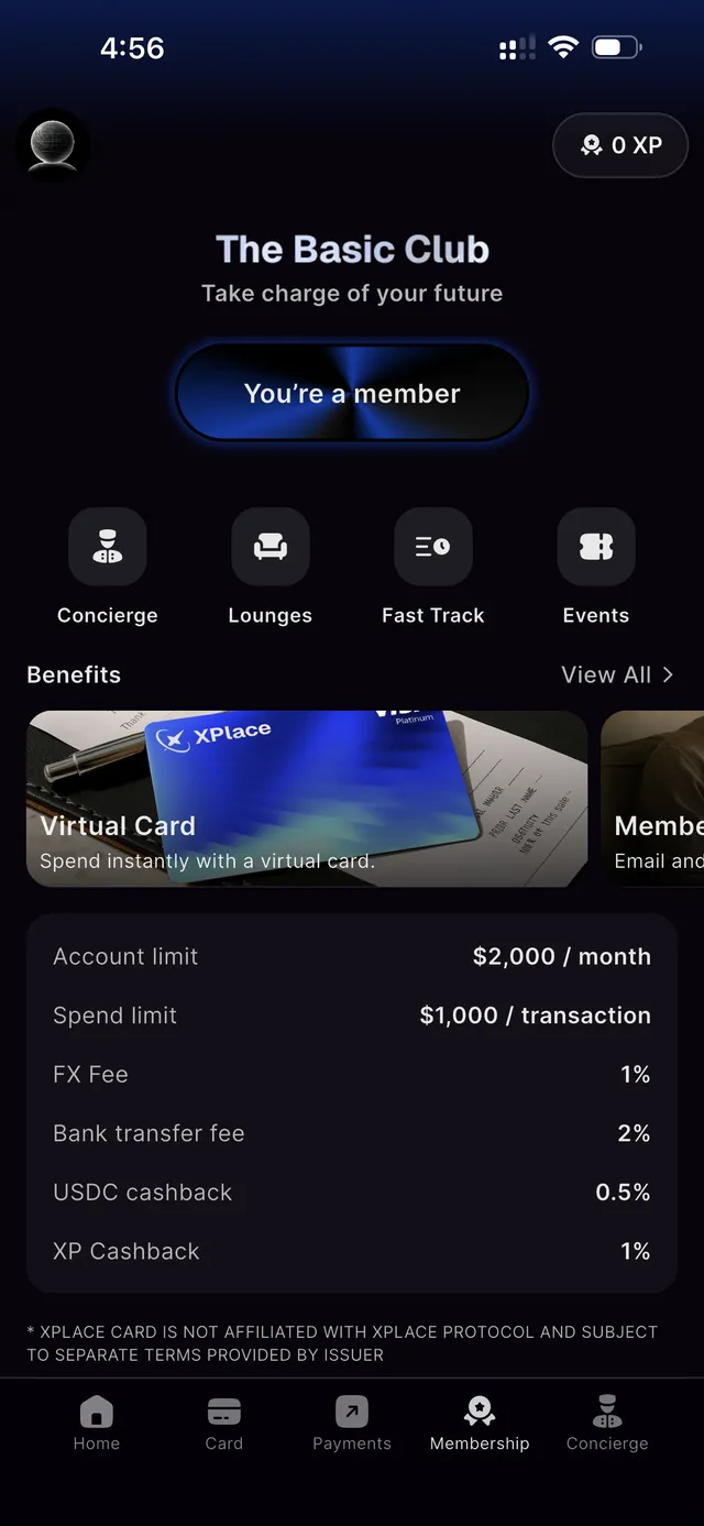 Xplace Basic Club screen showing a free virtual card, $2,000 monthly limit, $1,000 per transaction, 1% FX, 0.5% USDC cashback, and 1% XP