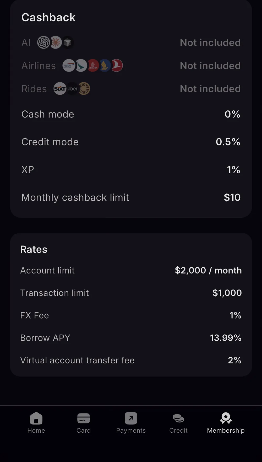 Xplace Basic membership screen showing 0.5% Credit Mode and 0% Cash Mode cashback, a $10 monthly cashback cap, 1% XP, a $2,000 monthly limit, $1,000 per transaction, and 1% FX