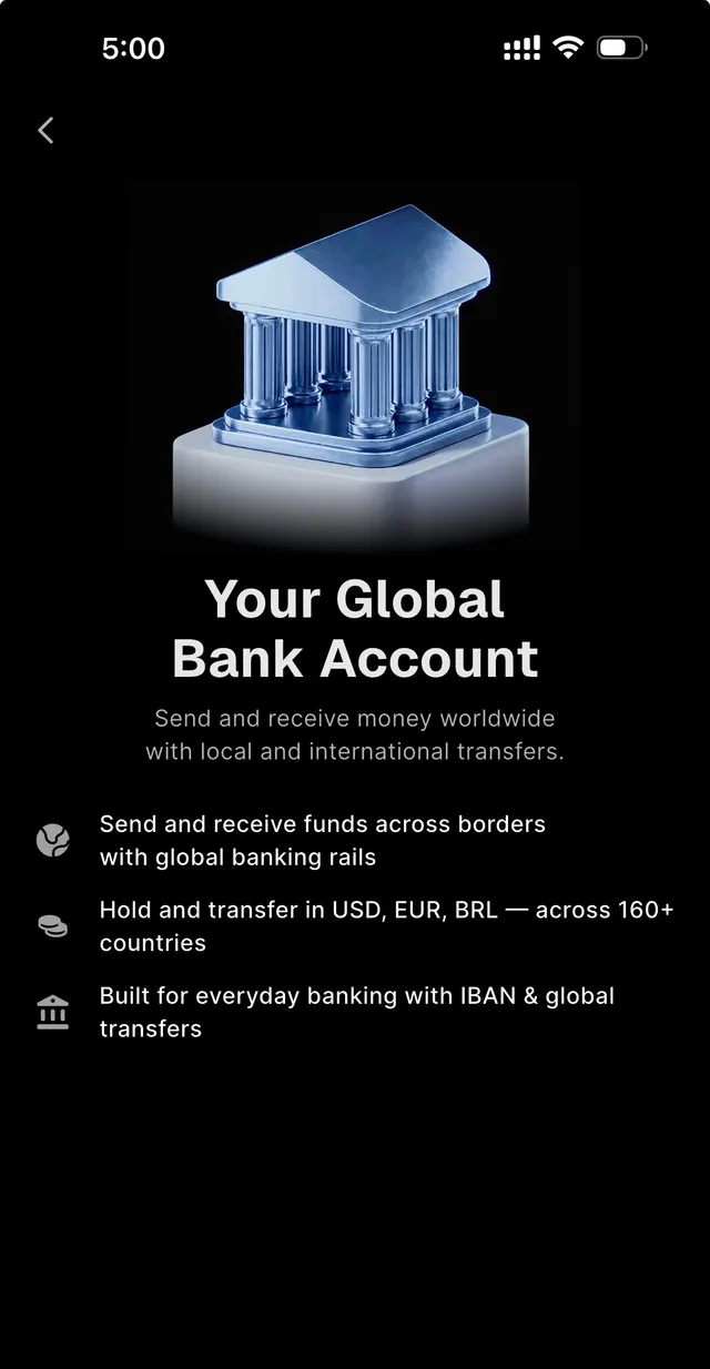 Xplace Global Bank Account screen describing send and receive worldwide with IBAN across 160-plus countries in USD, EUR, and BRL