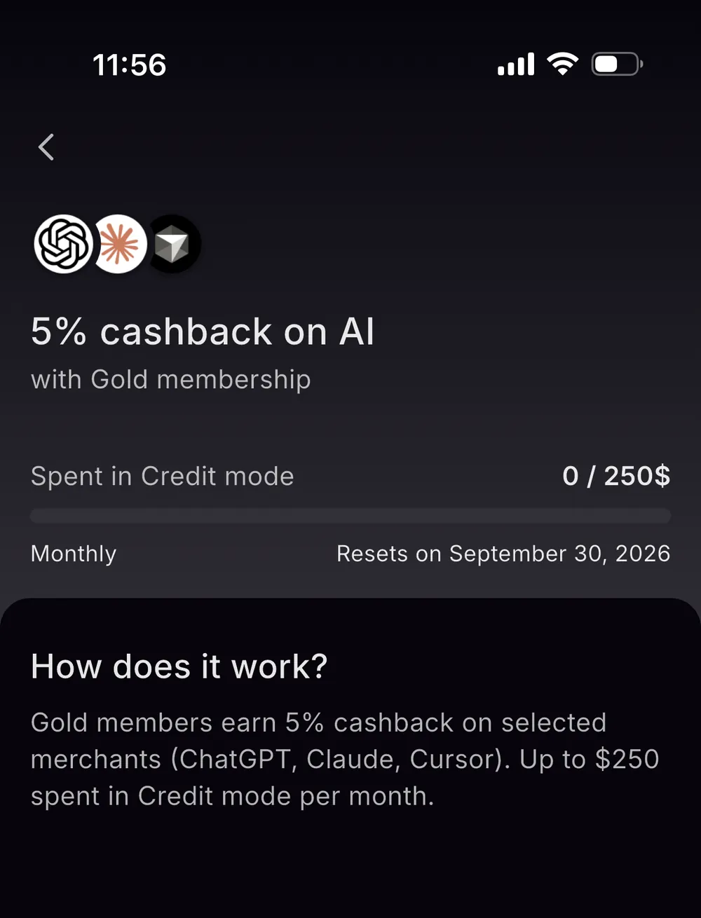 Xplace Gold AI boost screen showing 5% cashback on ChatGPT, Claude, and Cursor, tracked against 250 dollars of monthly Credit Mode spend
