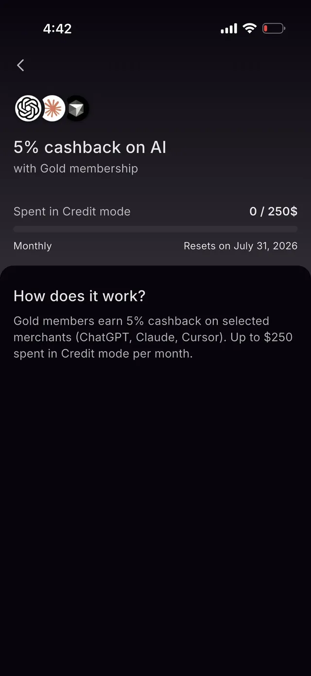 Xplace Gold AI boost screen showing 5% cashback on ChatGPT, Claude, and Cursor, tracked against 250 dollars of monthly Credit Mode spend