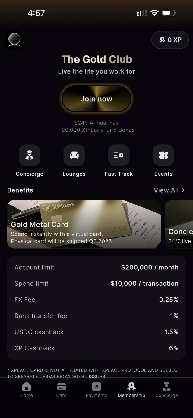 Xplace Gold Club screen showing $249 annual fee, $200,000 monthly limit, $10,000 per transaction, 0.25% FX, 1.5% USDC cashback, and 6% XP