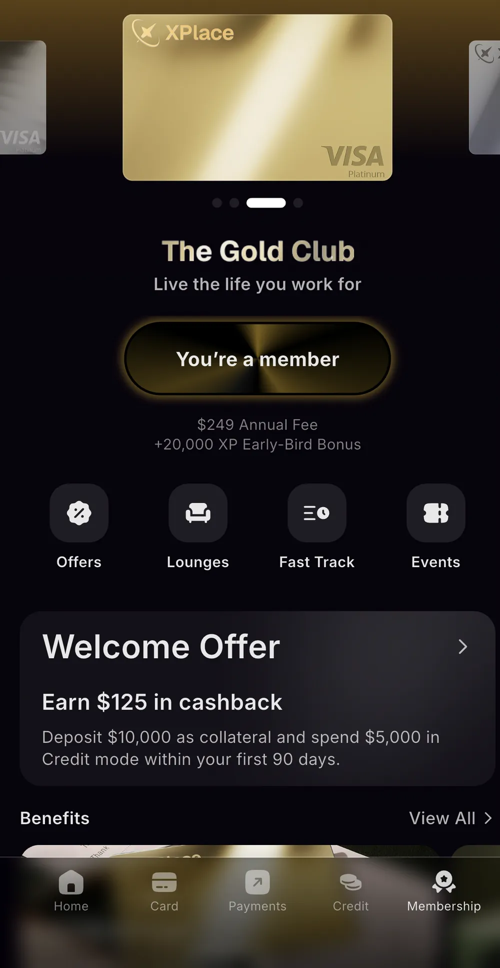 Xplace Gold membership screen showing a $249 annual fee, 20,000 XP early-bird bonus, and $125 welcome cashback for depositing $10,000 in collateral and spending $5,000 in Credit Mode within 90 days