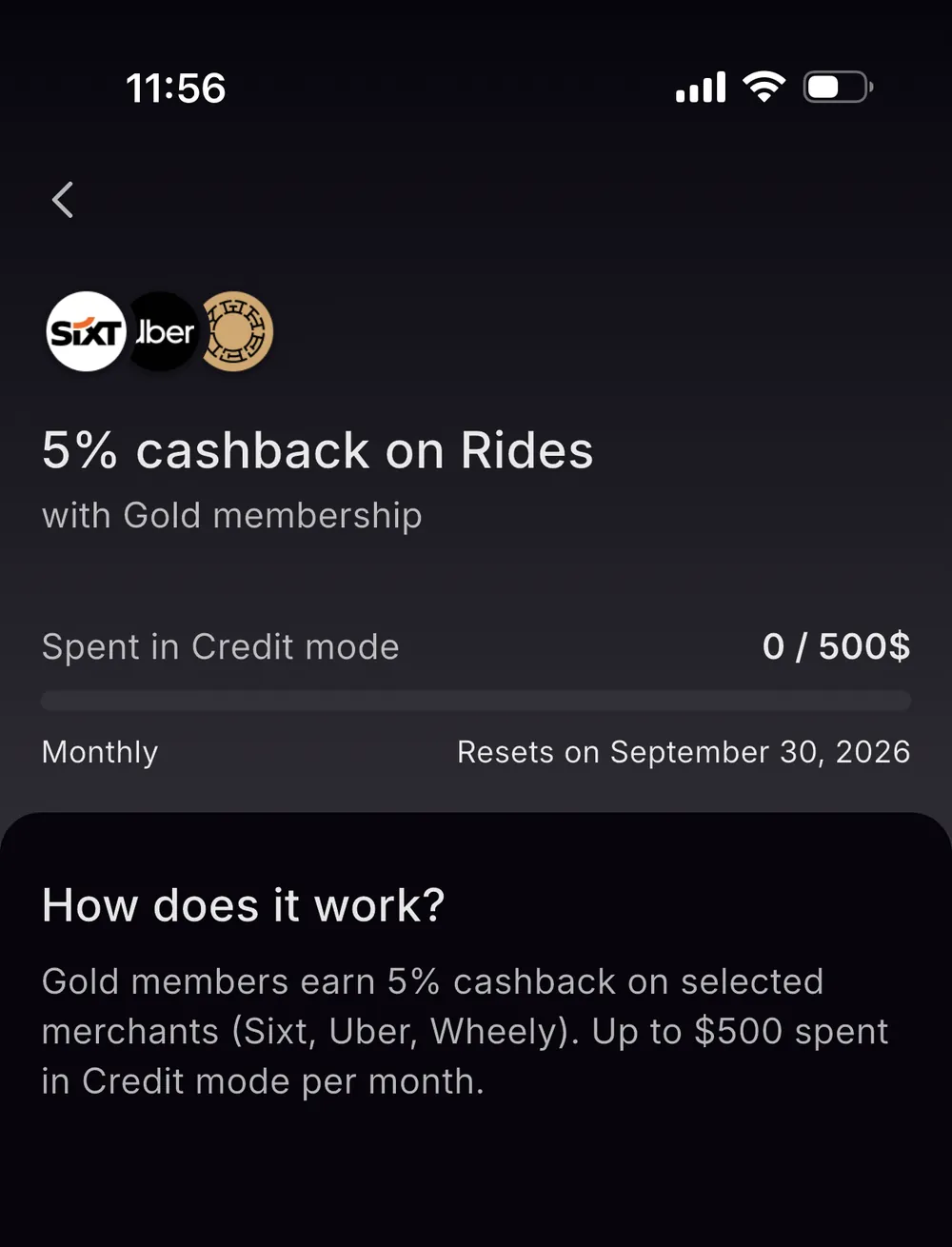 Xplace rides boost screen showing 5% cashback on Sixt, Uber, and Wheely with Gold membership, tracked against 500 dollars of monthly Credit Mode spend