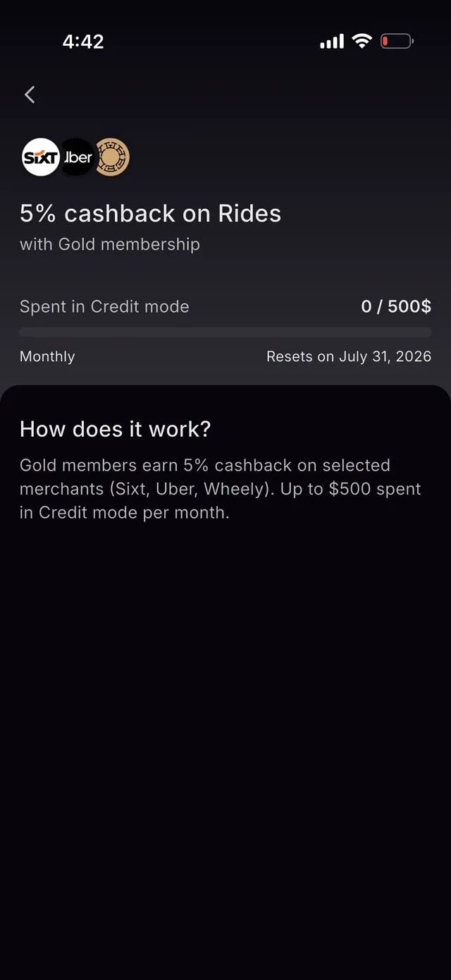 Xplace rides boost screen showing 5% cashback on Sixt, Uber, and Wheely with Gold membership, tracked against 500 dollars of monthly Credit Mode spend