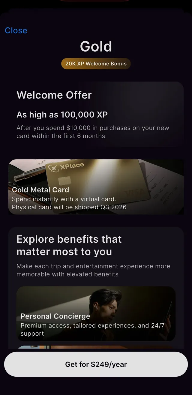 Xplace Gold welcome offer screen showing up to 100,000 XP after 10,000 dollars of purchases in the first 6 months