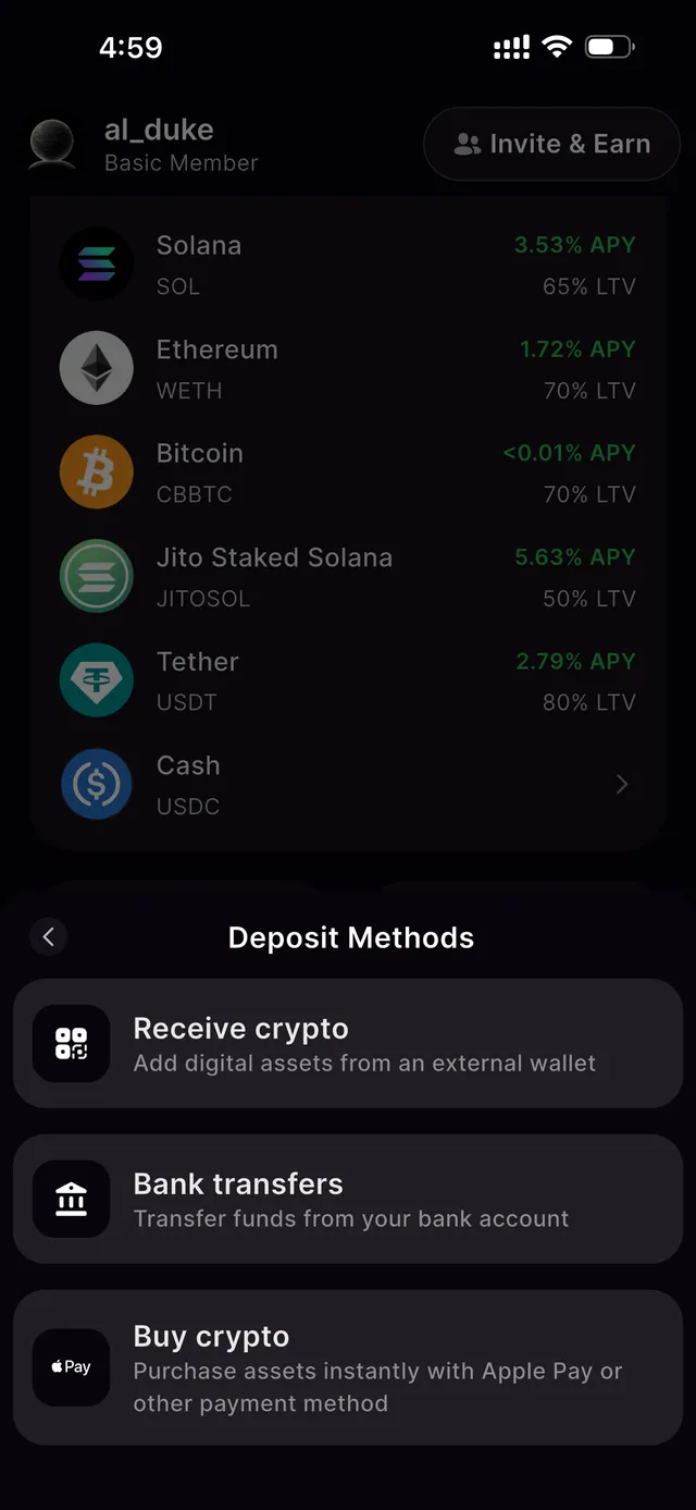 Xplace Main Assets screen showing live APY next to loan-to-value for SOL, Ethereum, Bitcoin, jitoSOL, and Tether