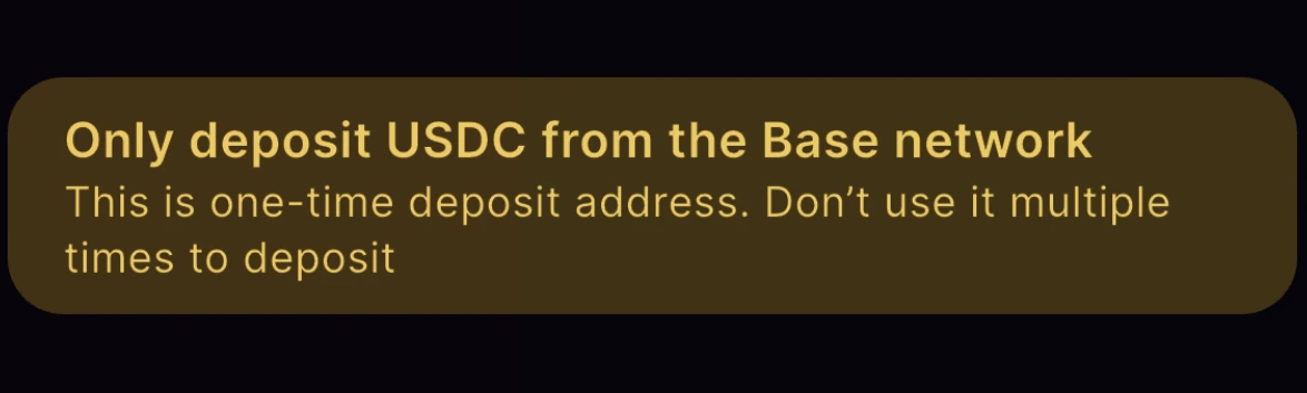 xPlace deposit warning showing that a USDC deposit address is one-time use and should not be reused