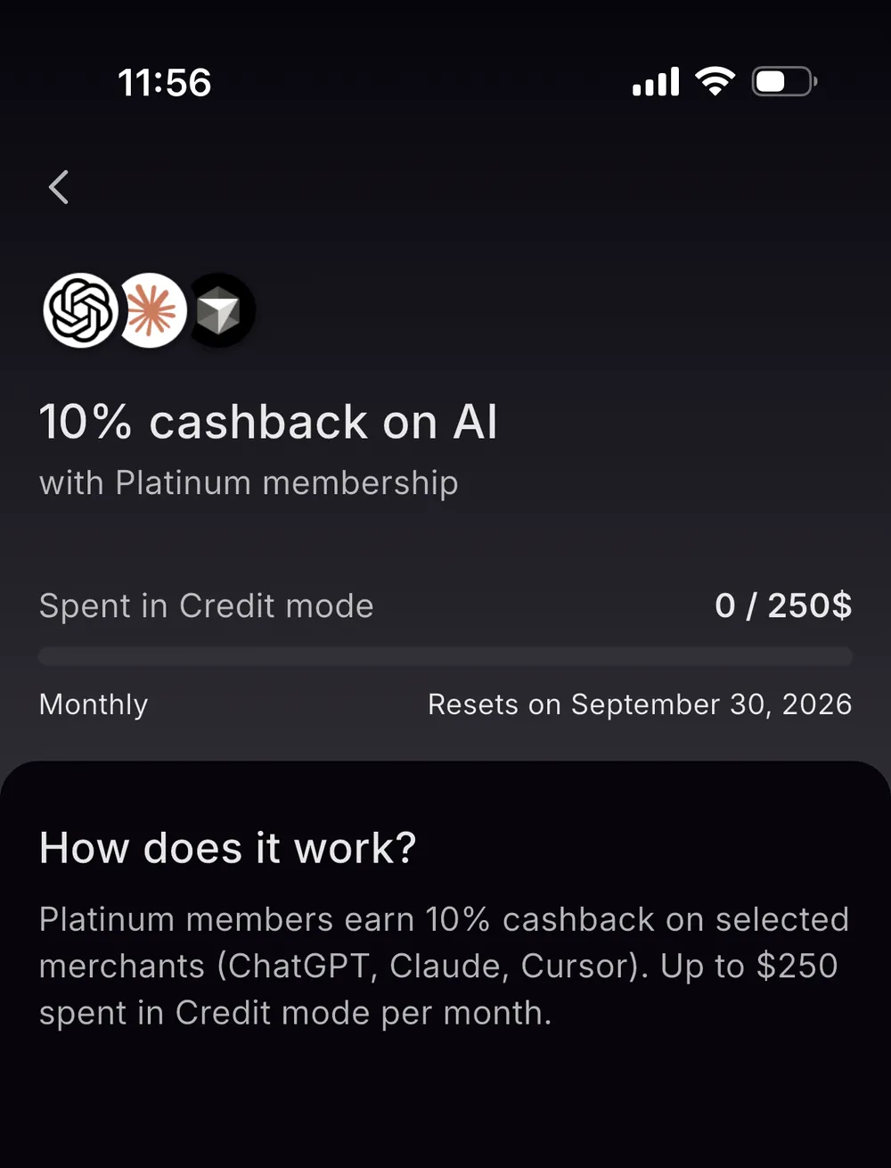 Xplace Platinum AI boost: 10% cashback at ChatGPT, Claude, and Cursor on up to $250 of Credit Mode spend per month