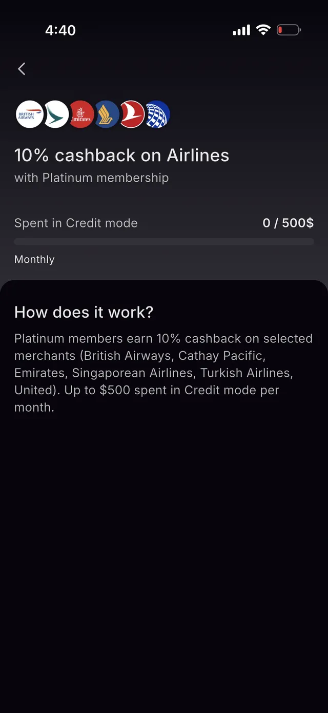 Xplace Platinum airlines boost screen showing 10% cashback at British Airways, Cathay Pacific, Emirates, Singapore Airlines, Turkish Airlines, and United, tracked against 500 dollars of monthly Credit Mode spend