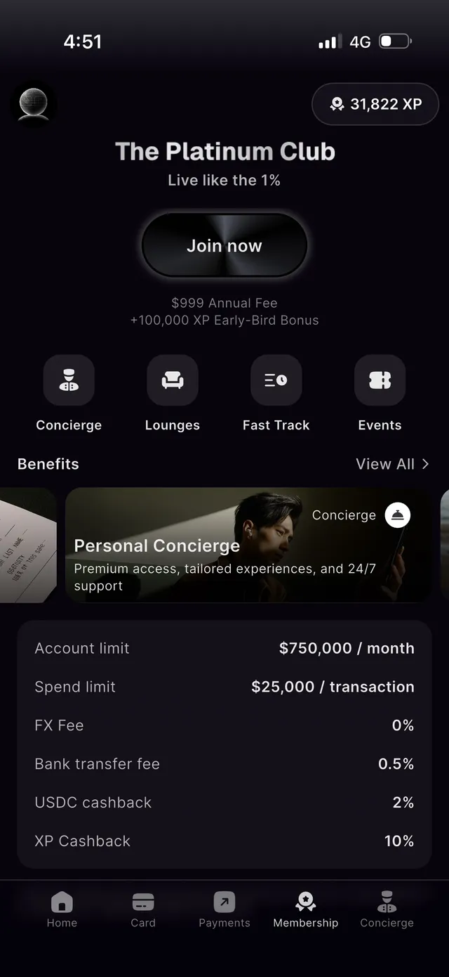 Xplace Platinum Club screen listing a 750,000 dollar monthly limit, 25,000 dollar per-transaction limit, 0% FX, 0.5% bank transfer fee, 2% USDC cashback, and 10% XP cashback