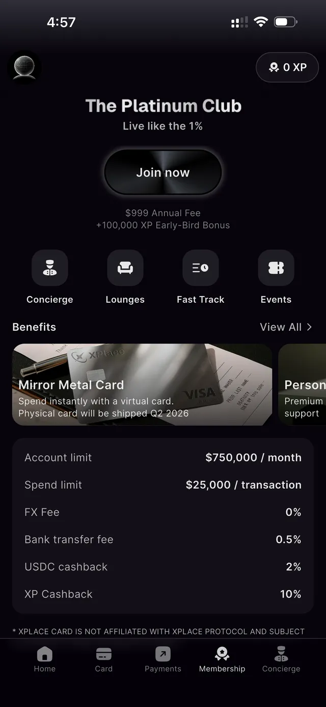 Xplace Platinum Club screen showing $999 annual fee, $750,000 monthly limit, $25,000 per transaction, 0% FX, 0.5% bank transfer, 2% USDC cashback, and 10% XP
