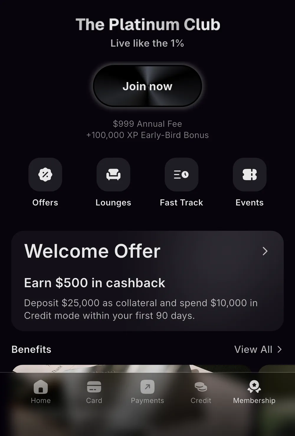 Xplace Platinum membership screen showing a $999 annual fee, 100,000 XP early-bird bonus, and $500 welcome cashback for depositing $25,000 in collateral and spending $10,000 in Credit Mode within 90 days
