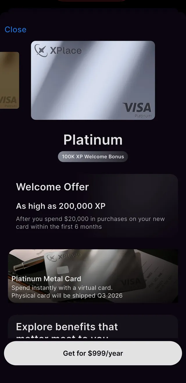 Xplace Platinum welcome offer screen showing up to 200,000 XP after 20,000 dollars of purchases in the first 6 months