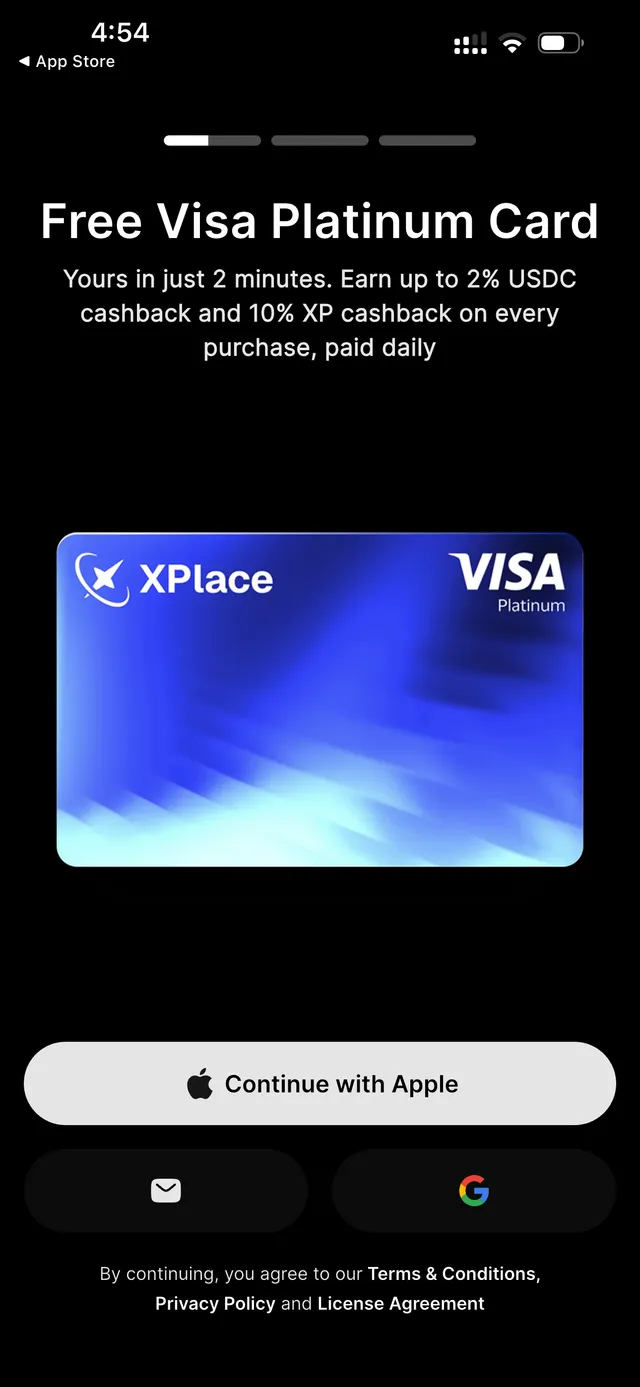 Xplace onboarding screen offering a free Visa card with sign-up by Apple, Google, or email