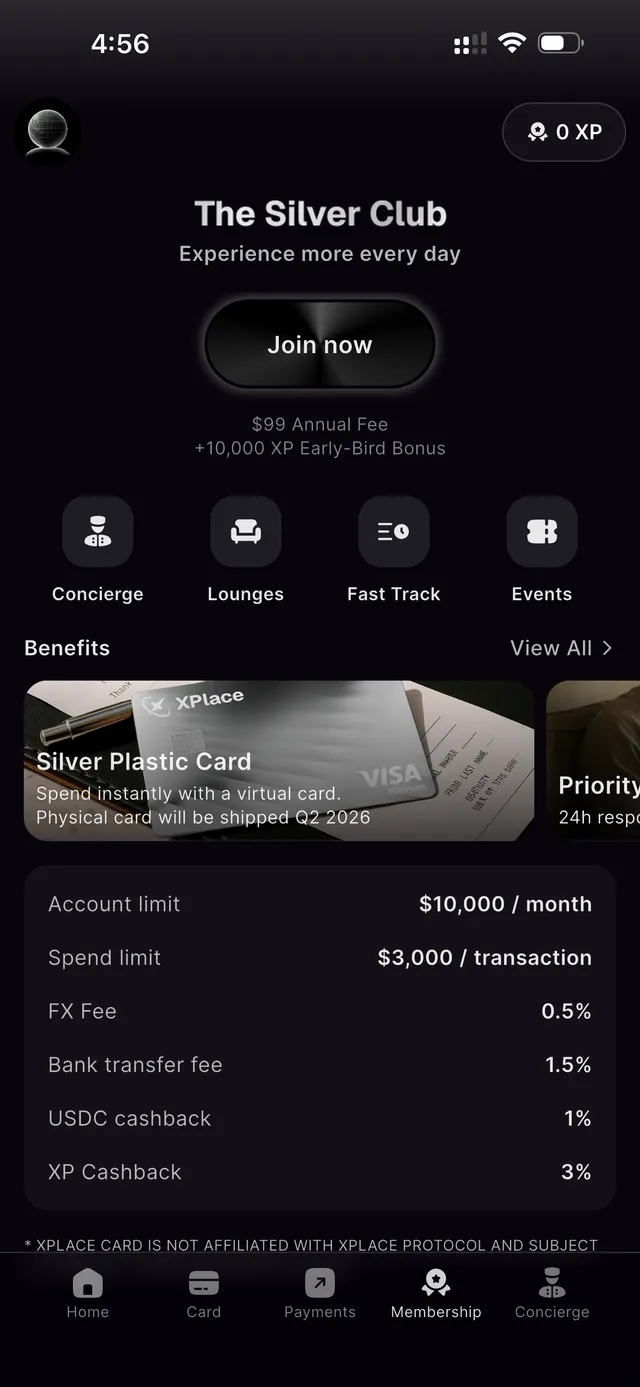 Xplace Silver Club screen showing $99 annual fee, $10,000 monthly limit, $3,000 per transaction, 0.5% FX, 1% USDC cashback, and 3% XP