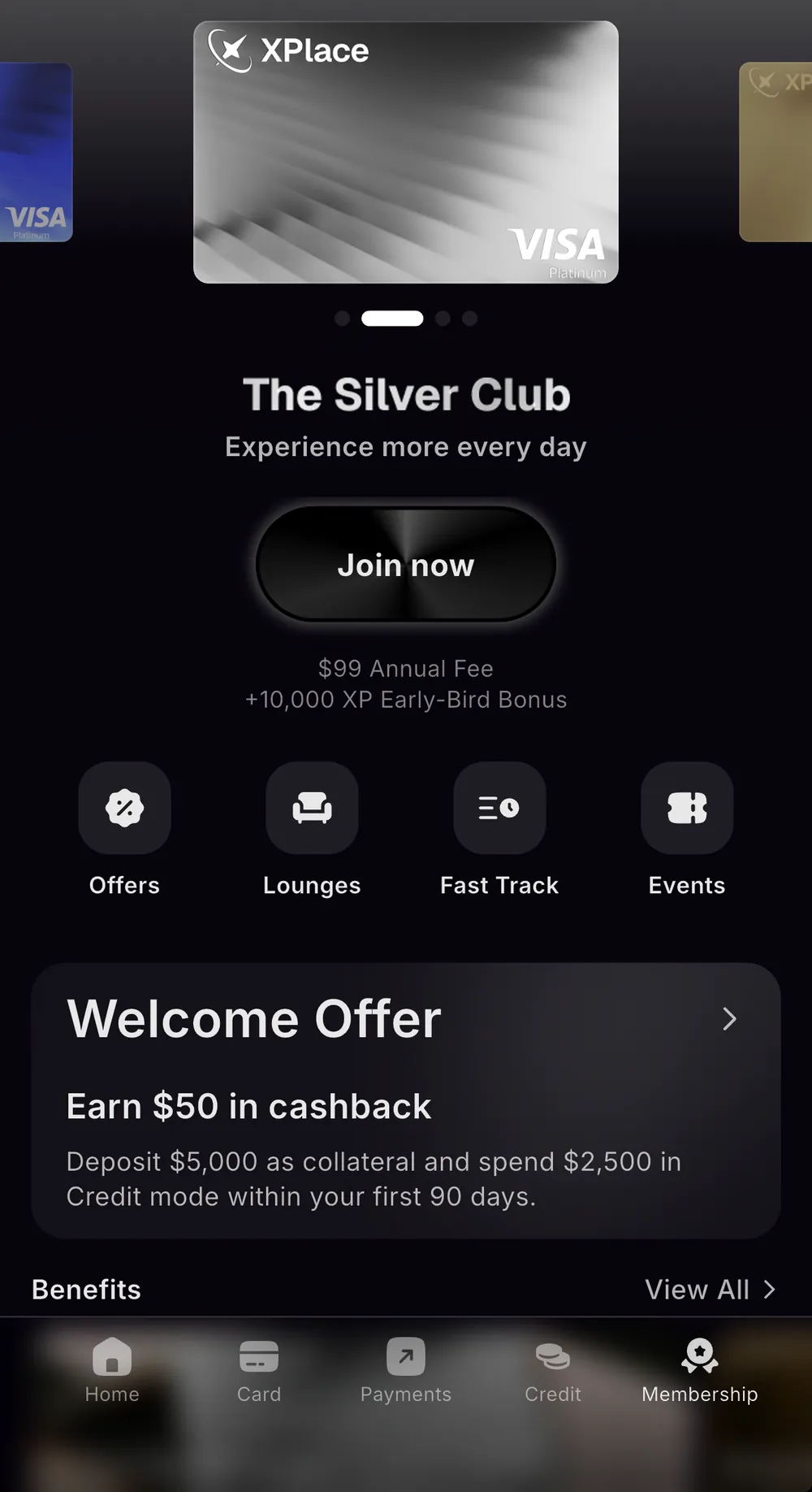 Xplace Silver membership screen showing a $99 annual fee, 10,000 XP early-bird bonus, and $50 welcome cashback for depositing $5,000 in collateral and spending $2,500 in Credit Mode within 90 days