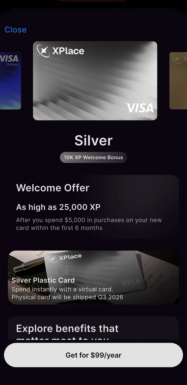 Xplace Silver welcome offer screen showing up to 25,000 XP after 5,000 dollars of purchases in the first 6 months