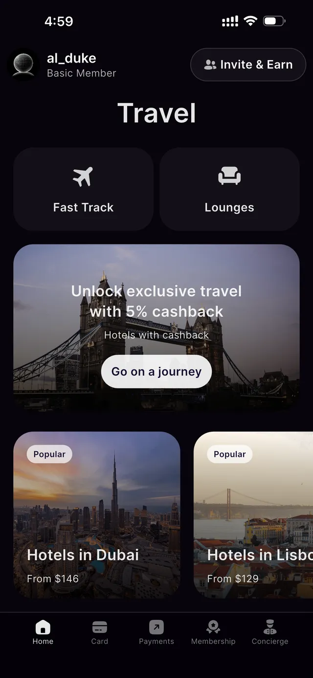 Xplace Travel screen showing Fast Track and Lounges tiles and up to 5% cashback on hotel bookings